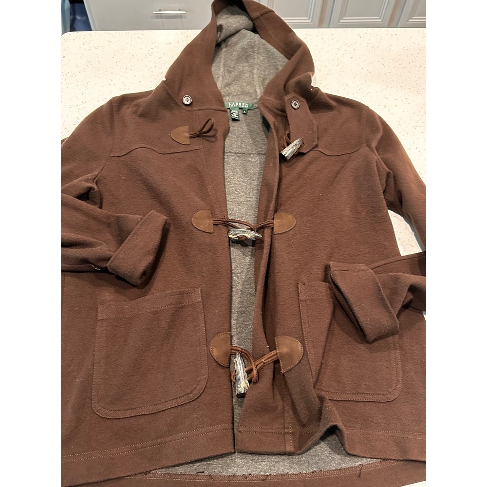 Lauren Ralph Lauren Brown Knit Hooded Duffle Jacket Toggle Coat L